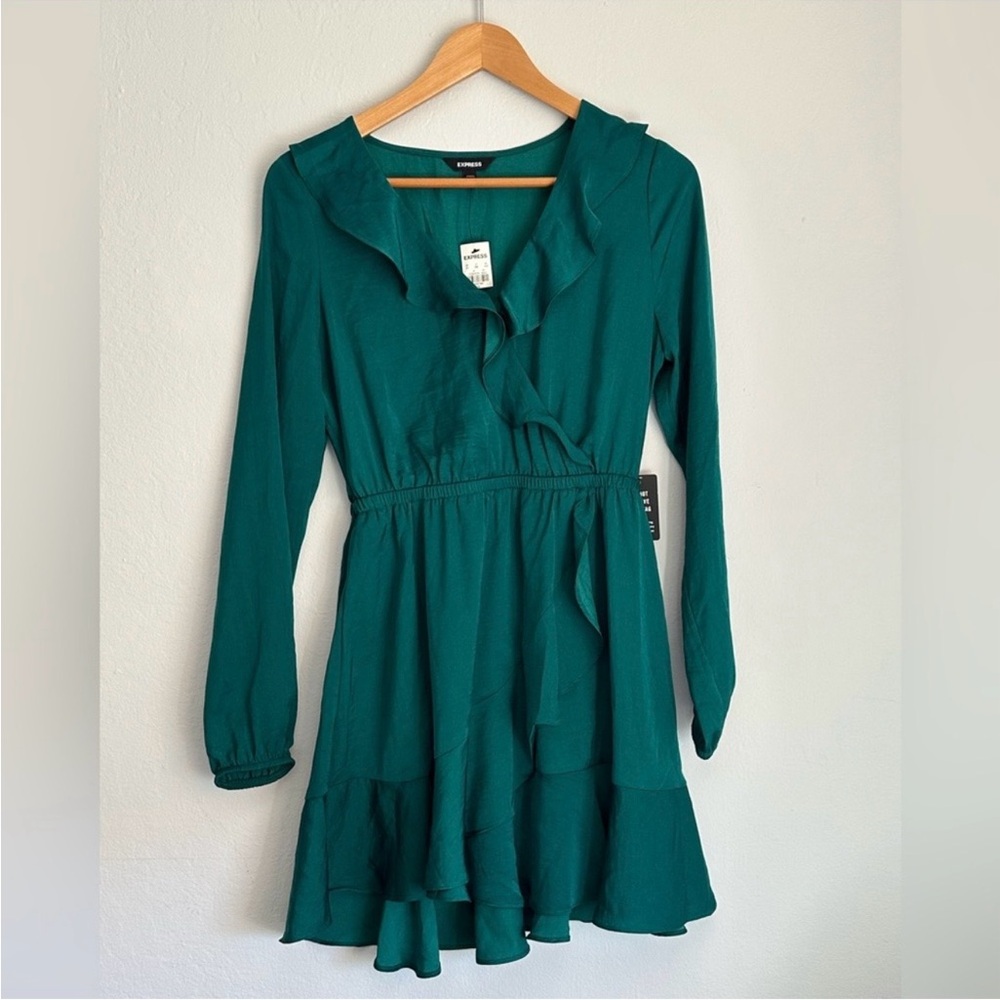Express Emerald Green Ruffle Long-Sleeve Mini Dress